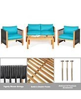 Sugift 4 Pieces Acacia Wood Sofa Set with Cushions for Outdoor Patio-Blue