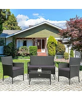Sugift 4 Pieces Patio Rattan Cushioned Sofa Set with Tempered Glass Coffee Table-Grey & Off White