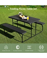 Sugift Folding Picnic Black Table Bench Set with Wood-like Texture