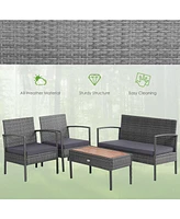 Sugift 4 Pieces Rattan Patio Conversation Furniture Set with Acacia Wood Tabletop