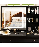 Famapy 5-Drawers Black Wood Led Push-Pull Mirror Makeup Vanity Sets Dressing Table Sets with Stool and 3-Tier Storage Shelves