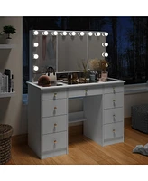 Famapy White Makeup Vanity Desk 9 Drawers Wood Dressing Table With 3 Led Bulb Light Mirrors, Glass Top, Hidden Storage Shelves