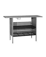 Sugift Outdoor Patio Wicker Bar Table with Metal Shelves