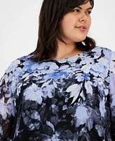 Kasper Plus Cascading Floral Ruffle-Sleeve Blouse