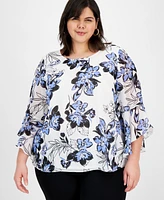 Kasper Plus Floral Ruffle-Sleeve Blouse