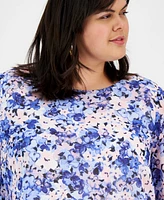 Kasper Plus Floral-Print Ruffled Blouse