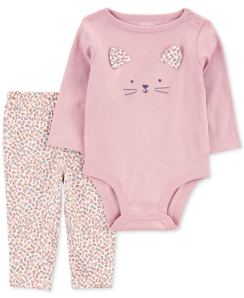 Carter's Baby Girls Cotton Cat Bodysuit & Printed Pants, 2 Piece Set