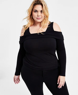 Bar Iii Trendy Plus Cold-Shoulder Long-Sleeve Top, Exclusively at Macy's