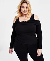 Bar Iii Trendy Plus Cold-Shoulder Long-Sleeve Top, Exclusively at Macy's