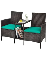 Sugift Rattan Patio Conversation Set Cushioned with Glass Table