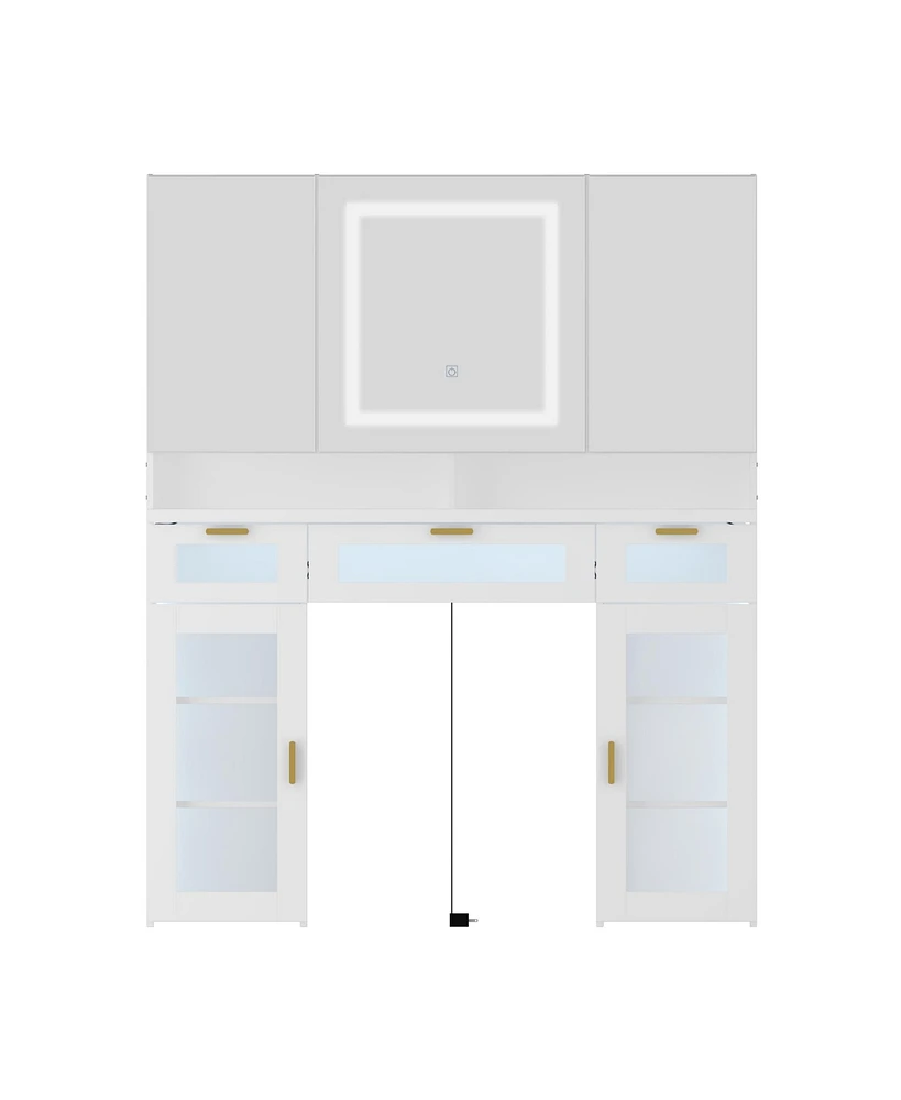 Famapy White Makeup Vanity Desk Dressing Table W/3 Led Lighted Mirrors, Cabinets, Glass Panel Drawers, Hidden Storage Shelves