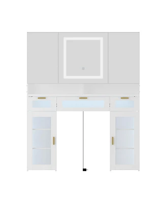 Famapy White Makeup Vanity Desk Dressing Table W/3 Led Lighted Mirrors, Cabinets, Glass Panel Drawers, Hidden Storage Shelves