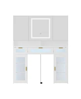 Famapy White Makeup Vanity Desk Dressing Table W/3 Led Lighted Mirrors, Cabinets, Glass Panel Drawers, Hidden Storage Shelves