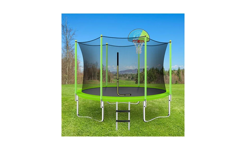 Slickblue 10FT Trampoline for Kids with Safety Enclosure Net, Basketball Hoop and Ladder, Easy Assembly Round Outdoor Recreational Trampoline