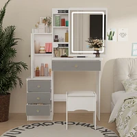 Homsee Grey Wood Silding Led Mirror Makeup Vanity Sets Dresser Table With Storage Shelves, 4-Drawers and Stool