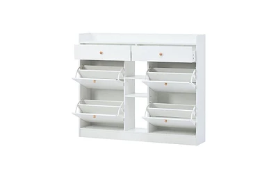 Slickblue Modern Shoe Cabinet with 4 Flip Drawers – Multifunctional 2-Tier Shoe Storage Organizer for Hallway, White