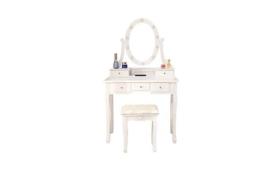 Slickblue White Dressing Table with Light Bulb Single Mirror and 5 Drawers for Makeup and Storage