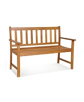 Sugift 2-Person Patio Acacia Wood Bench with Backrest and Armrests