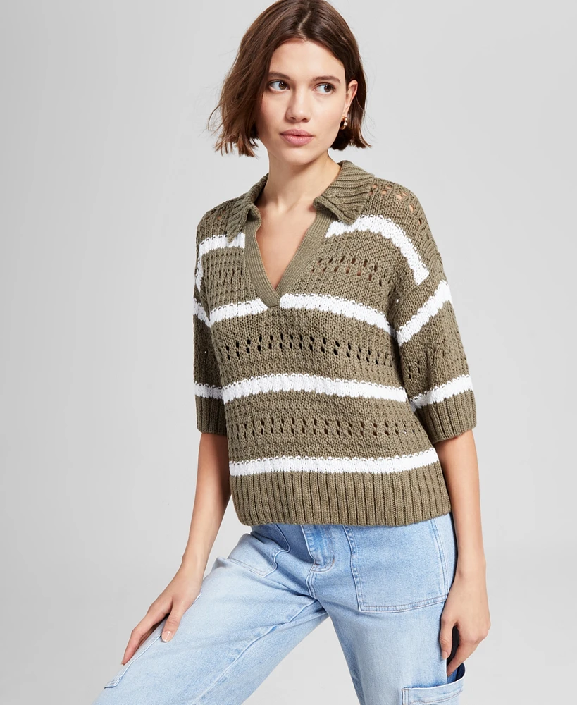 And Now This Women's Striped Open-Stitch Polo Sweater, Exclusively at Macy's