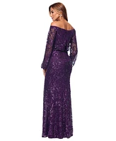 Xscape Women's Sequined Off-The-Shoulder Long-Sleeve Gown