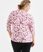 Style & Co Plus Printed Cotton 3/4-Sleeve Top