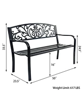 Sugift 50 Inch Patio Park Steel Frame Cast Iron Backrest Bench Porch Chair