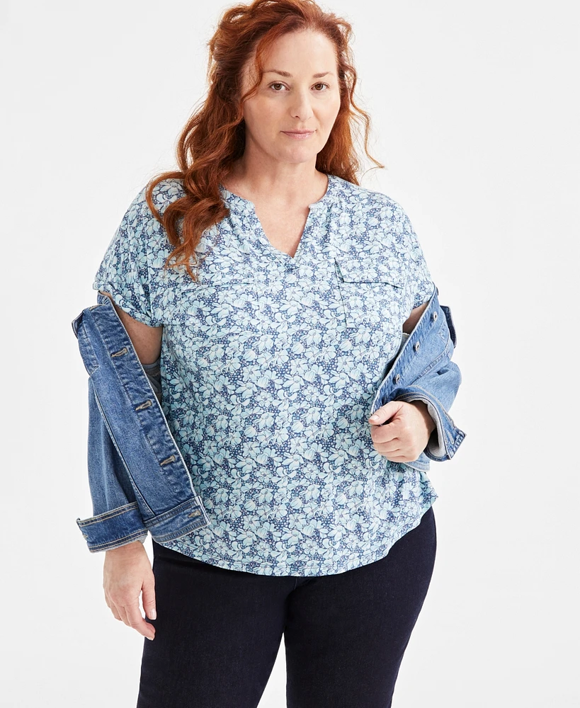 Style & Co Plus Printed Y-Neck Dolman-Sleeve Top, Exclusively at Macy's