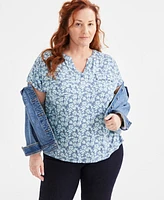Style & Co Plus Printed Y-Neck Dolman-Sleeve Top, Exclusively at Macy's