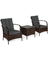 Sugift 3 Pieces Patio Rattan Conversation Set with Glass Top Coffee Table and Cushions