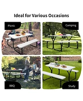Sugift Hdpe Outdoor Picnic Table Bench Set with Metal Base