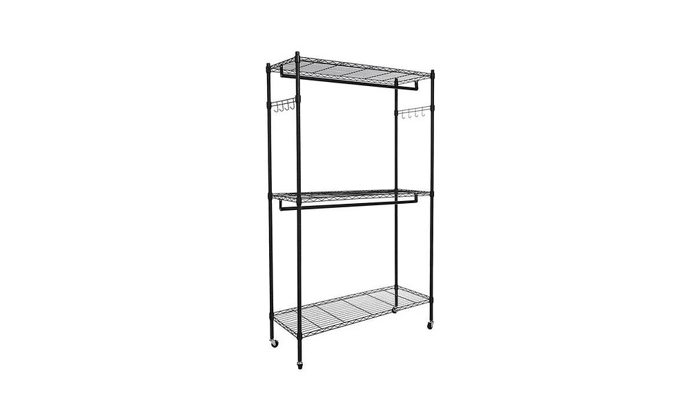 Slickblue 2Tier Rod Closet Organizer Garment Rack Clothes Storage Hanger Shelf Hooks Black