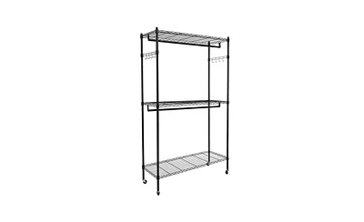 Slickblue 2Tier Rod Closet Organizer Garment Rack Clothes Storage Hanger Shelf Hooks Black