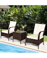 Sugift 3 Pieces Patio Rattan Conversation Set with Glass Top Coffee Table and Cushions