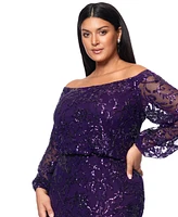 Xscape Plus Sequin Off-The-Shoulder Side-Slit Gown