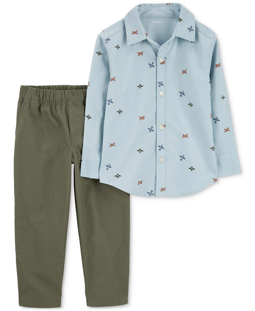 Carter's Toddler Cotton Airplane Button-Down Shirt & Pants, 2 Piece Set