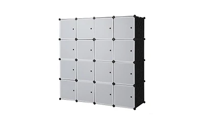 Slickblue 16-Cube Stackable Plastic Organizer, Multifunctional Modular Closet Cabinet with Hanging Rod, White & Black