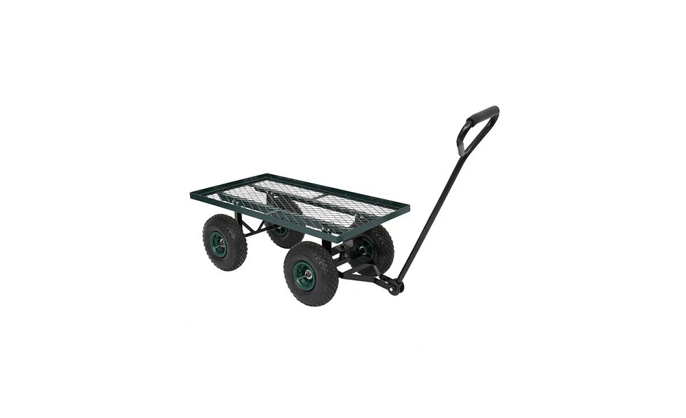 Slickblue Green Garden Wagon with Iron Frame and Wood Panels, Four-Wheel Square Design for Outdoor Use