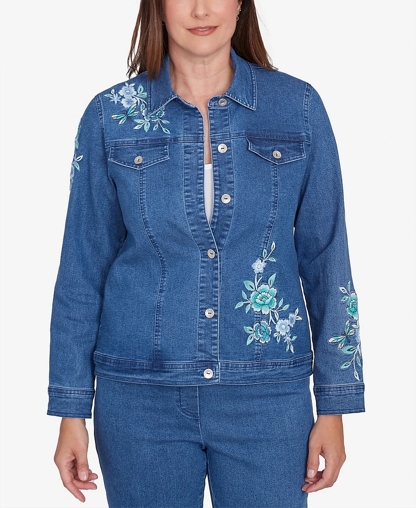 Alfred Dunner Petite Floral Embroidered Denim Jacket