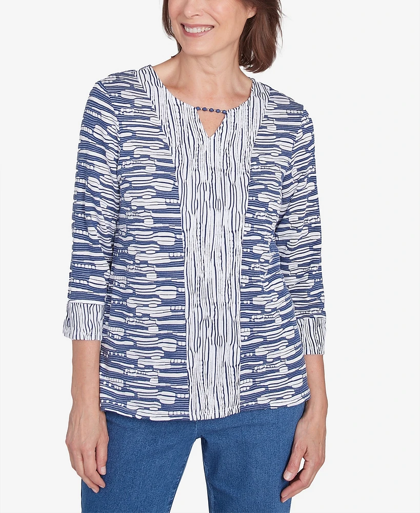 Alfred Dunner Petite Split Neck Spliced Texture Top