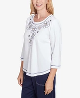 Alfred Dunner Petite Floral Embroidered Neckline Three Quarter Sleeve Top