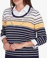 Alfred Dunner Petite Striped Two One Collared Sweater with Necklace