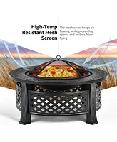 Costway 32'' Round Fire Pit Set W/ Rain Cover Bbq Grill Log Grate Poker