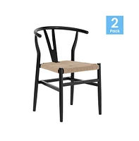 Emma+Oliver Devine Set Of 2 Wishbone Style Wooden Dining Chairs With Kraft Paper Rope Seats, Stackable Design
