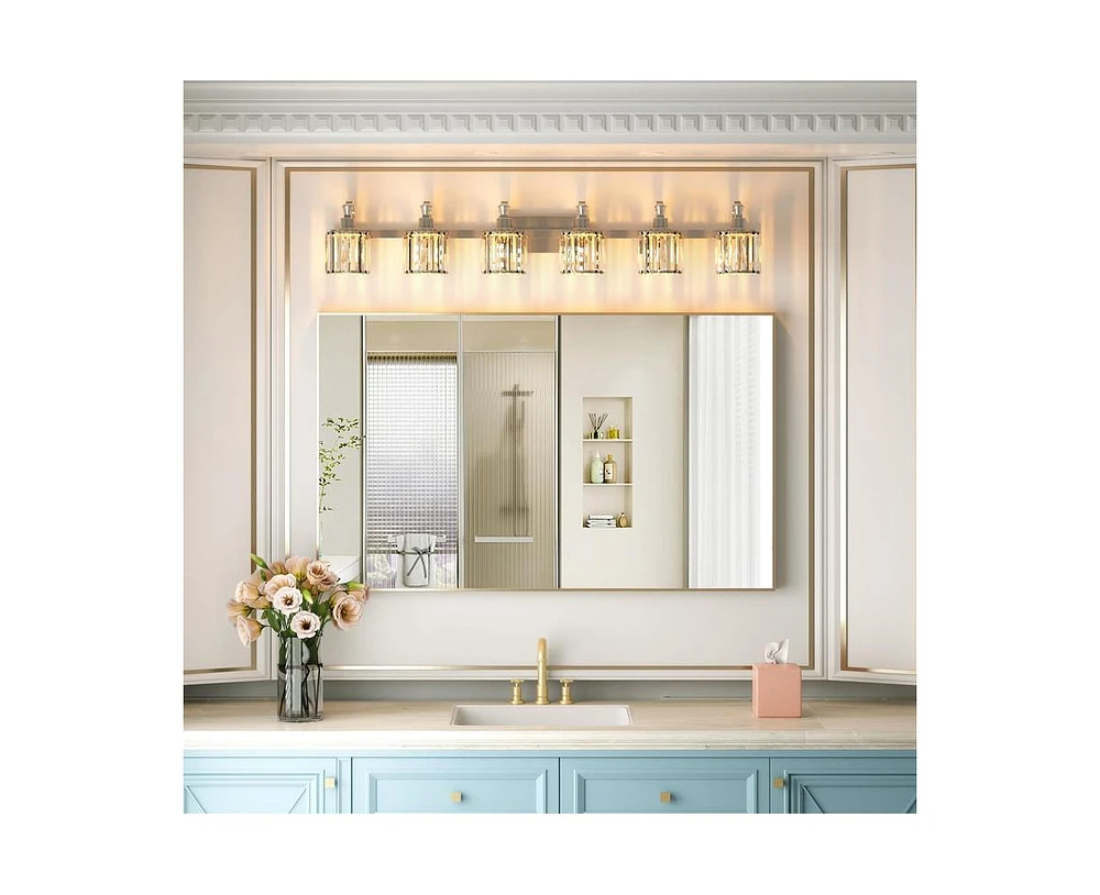 gaomon Crystal Vanity Light Fixtures Modern Stainless Steel Crystal Bathroom Vanity Light Fixtures Chrome, 6 Light Vanity Light Bathroom Wall Lights F