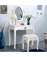 Sugift Wooden Vanity Table Set with Oval Mirror and Cushioned Stool