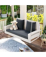 Slickblue 2-Person Wicker Hanging Porch Swing with Chains, Cushion, and Pillows