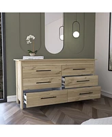 Depot E-Shop Paris 6 Drawer Double Dresser, Four Legs, Superior Top, Light Oak / White