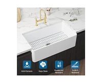 gaomon White Farmhouse Sink 33 inch Fireclay Apron Front Single Bowl Kitchen Sink Deep Drop In Farm Sink Undermount with Bottom Grid & Strainer Drain