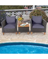 Costway 3 Pcs Patio Rattan Furniture Set Cushioned Sofa Storage Table with Wood Top