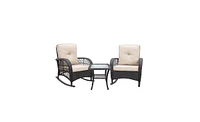 Slickblue 3-Piece Wicker Patio Rocker Set, Dark Brown Rattan Rocking Chairs with Glass Table